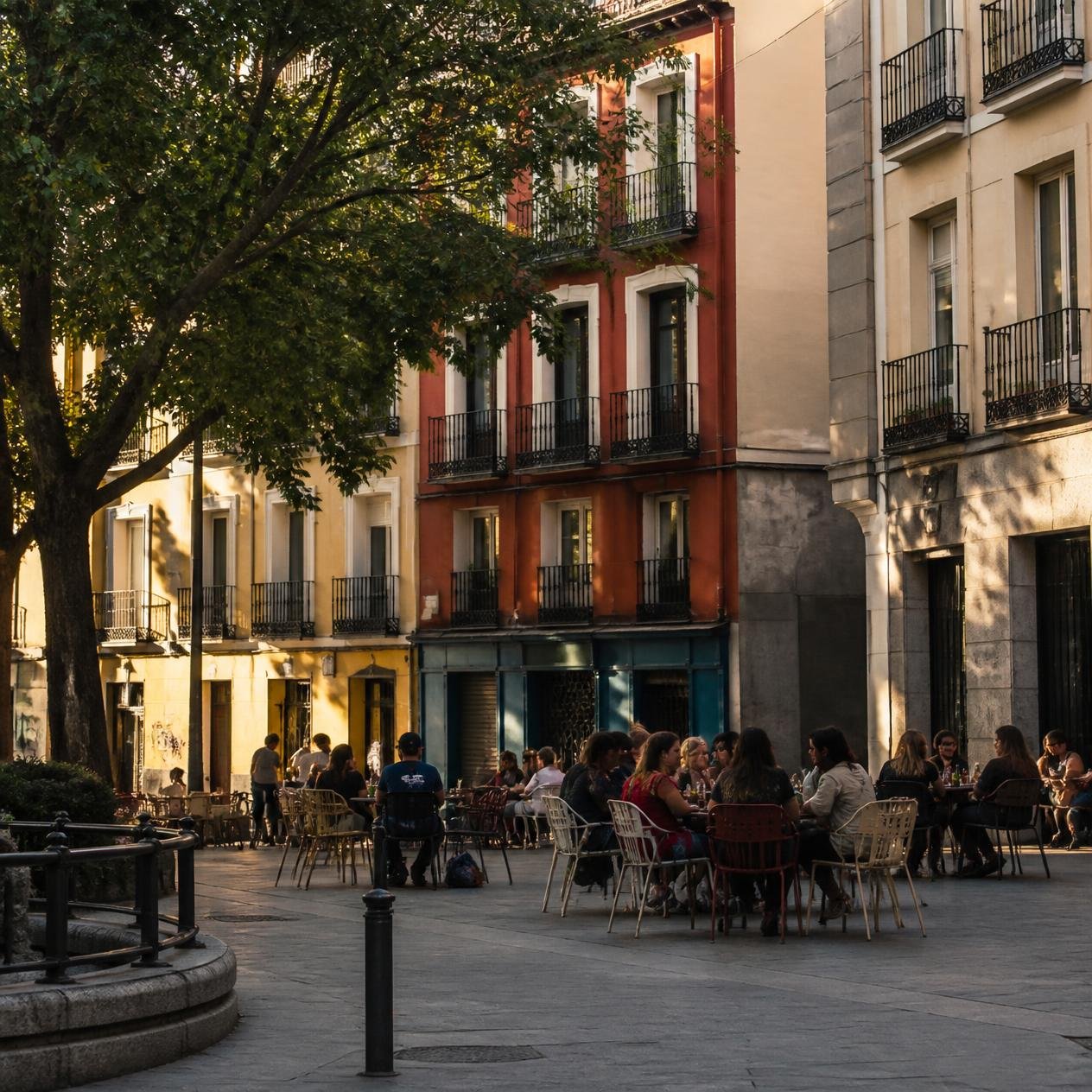 Terrasses de la Plaza del Dos de Mayo dans le quartier Malasaña à Madrid